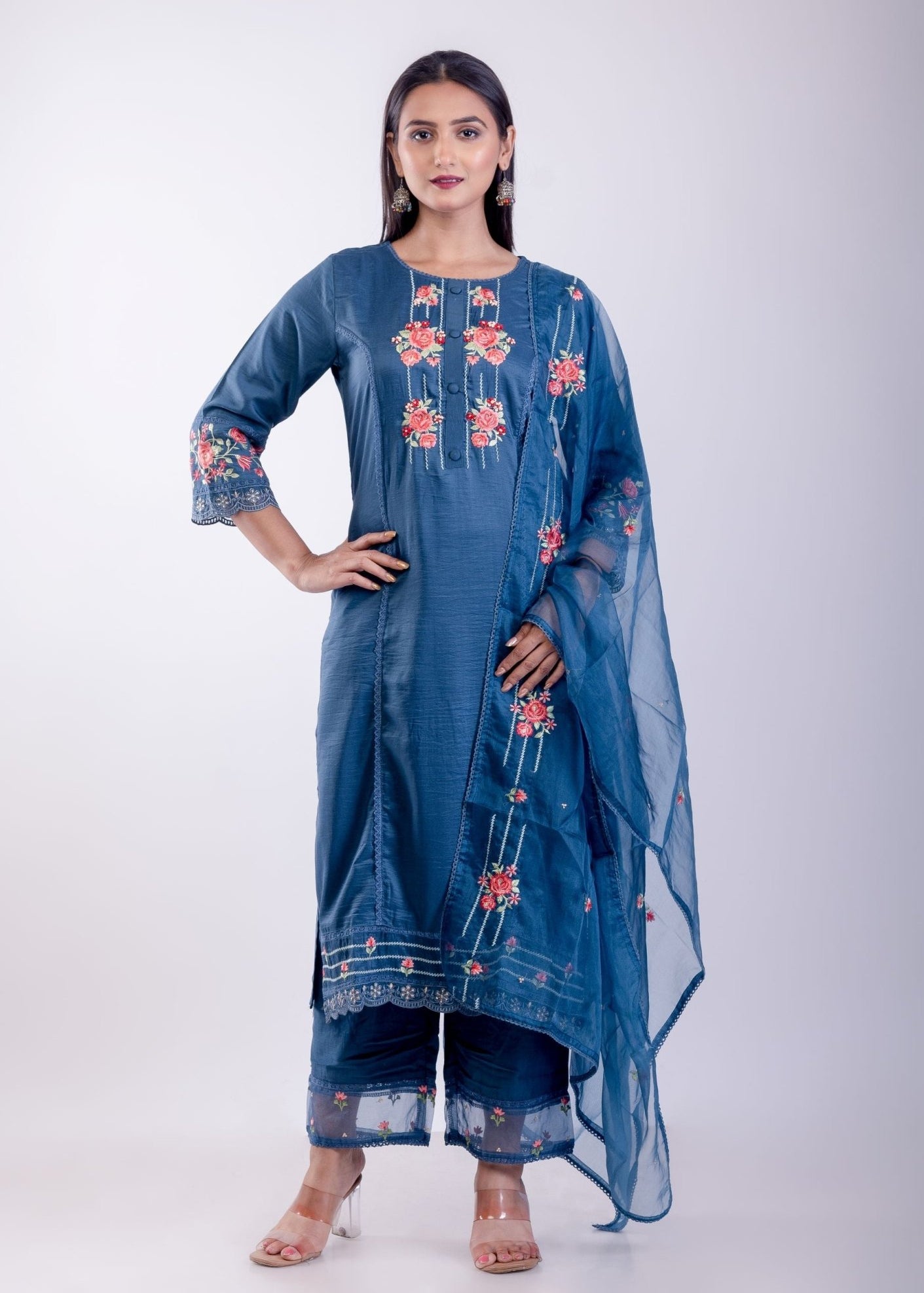 Cobalt Blue Kurta Set With Embroidered Work - Anvi Couture