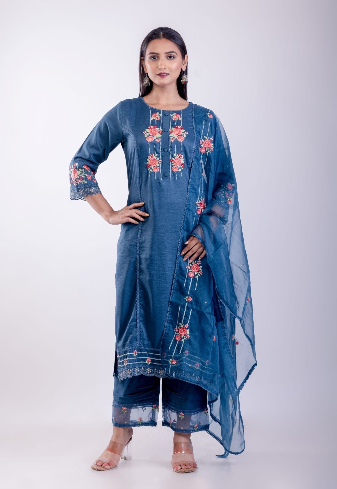 Cobalt Blue Kurta Set With Embroidered Work - Anvi Couture