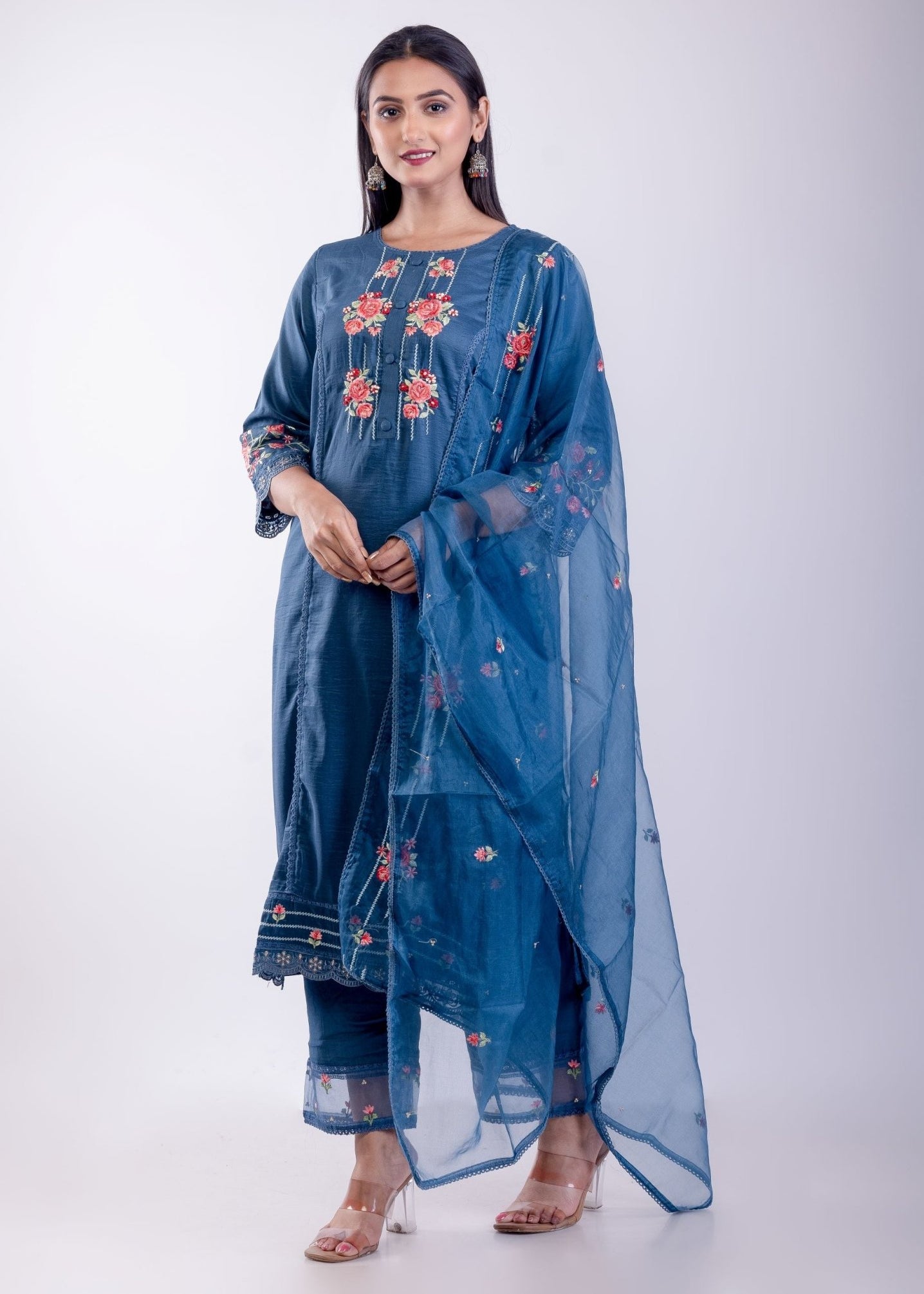 Cobalt Blue Kurta Set With Embroidered Work - Anvi Couture