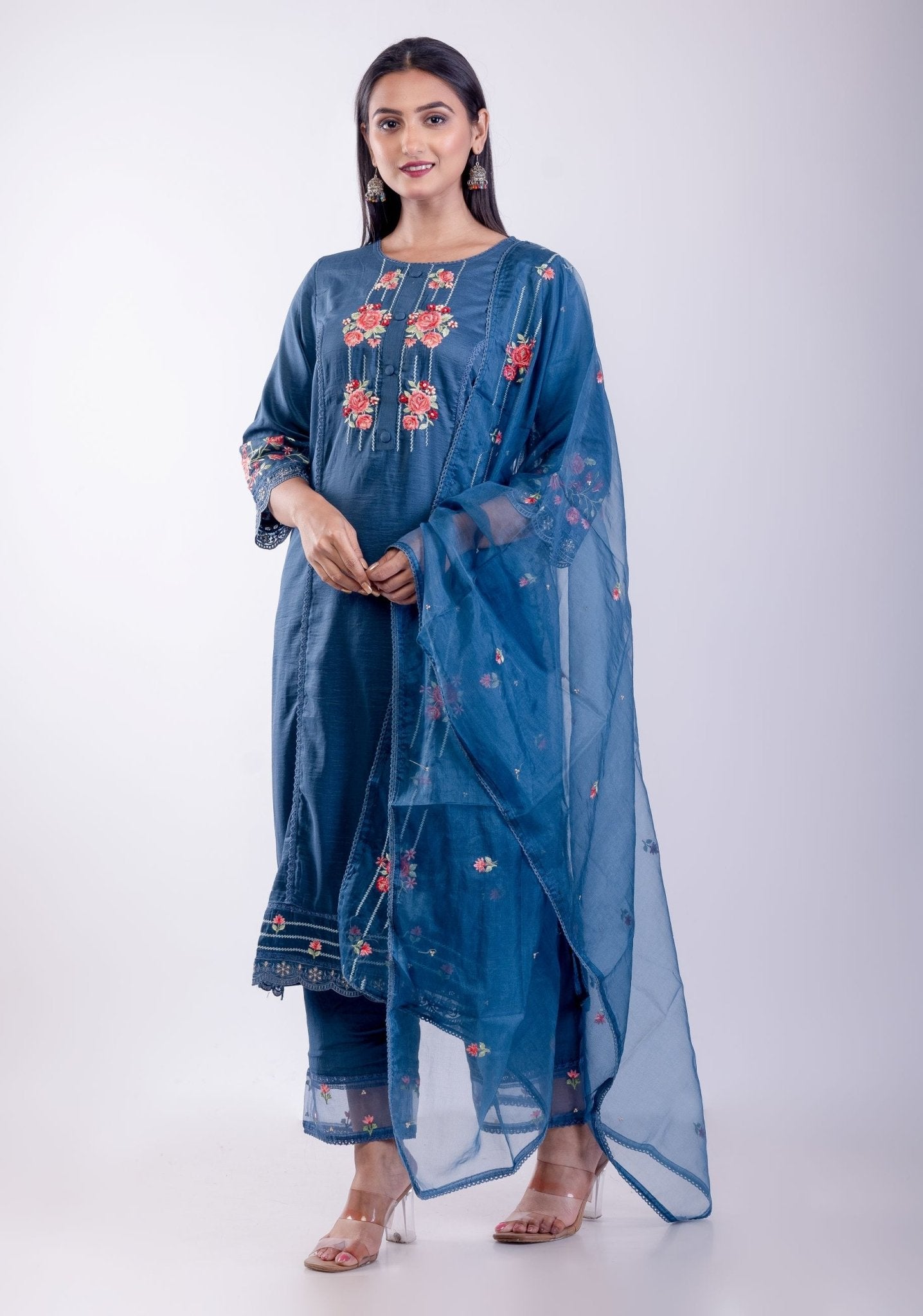 Cobalt Blue Kurta Set With Embroidered Work - Anvi Couture
