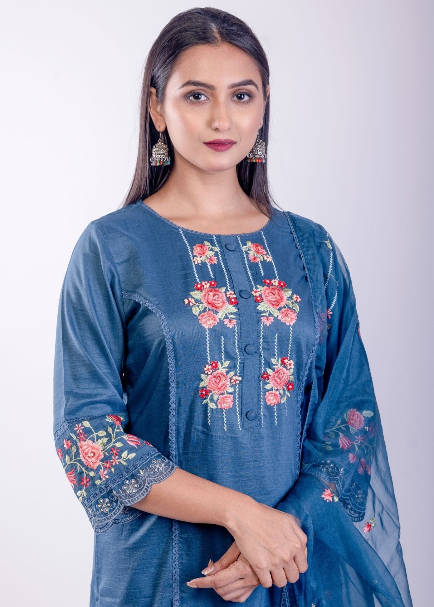 Cobalt Blue Kurta Set With Embroidered Work - Anvi Couture