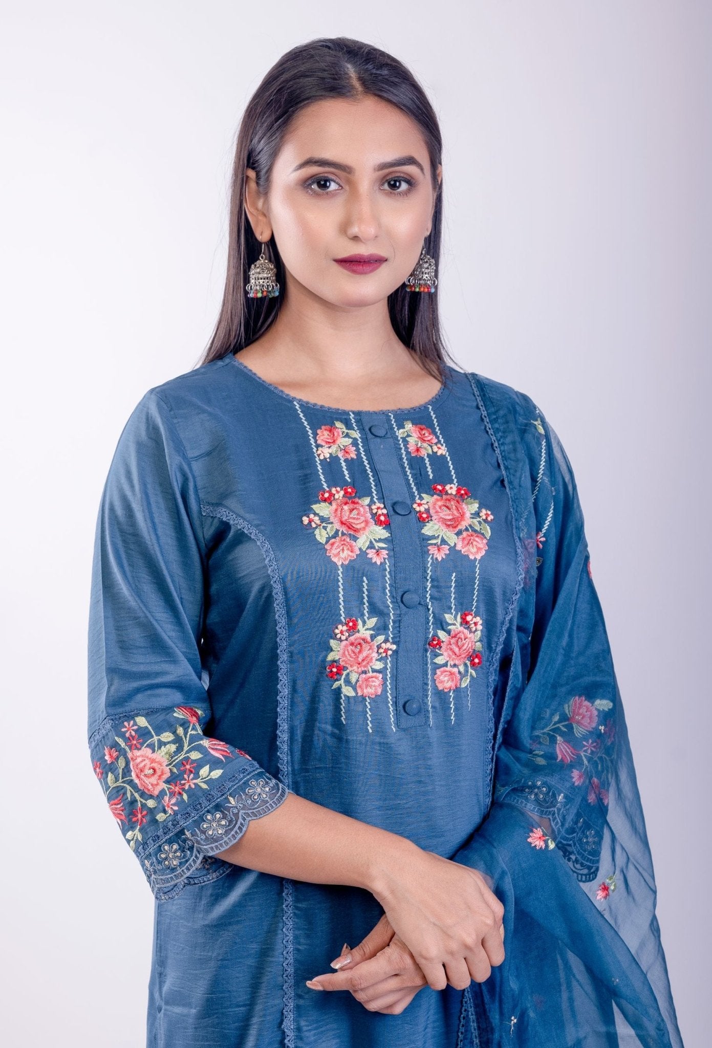 Cobalt Blue Kurta Set With Embroidered Work - Anvi Couture