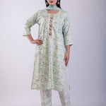 Light Green Cotton Printed Straight Kurta with Embroidered Work - Anvi Couture