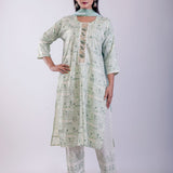 Light Green Cotton Printed Straight Kurta with Embroidered Work - Anvi Couture