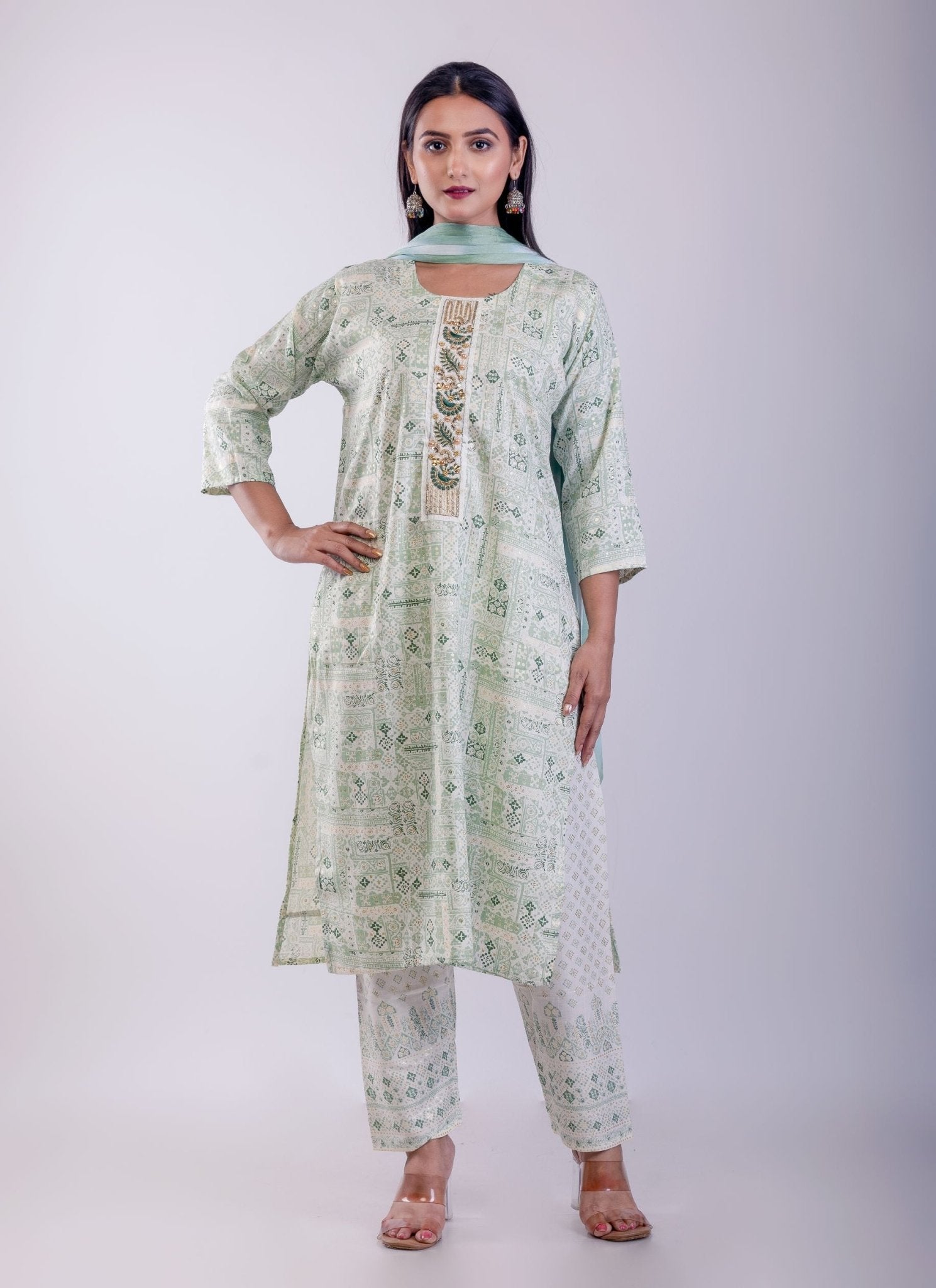Light Green Cotton Printed Straight Kurta with Embroidered Work - Anvi Couture