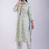 Light Green Cotton Printed Straight Kurta with Embroidered Work - Anvi Couture