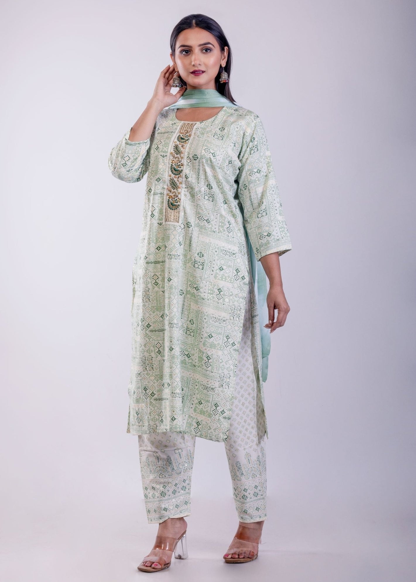 Light Green Cotton Printed Straight Kurta with Embroidered Work - Anvi Couture