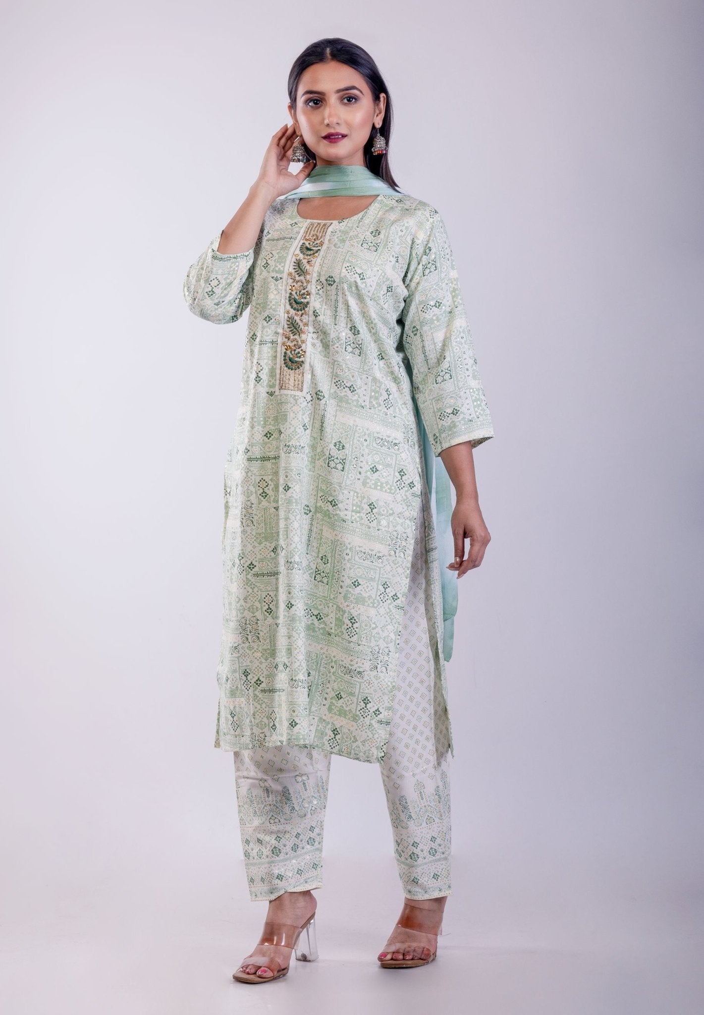 Light Green Cotton Printed Straight Kurta with Embroidered Work - Anvi Couture