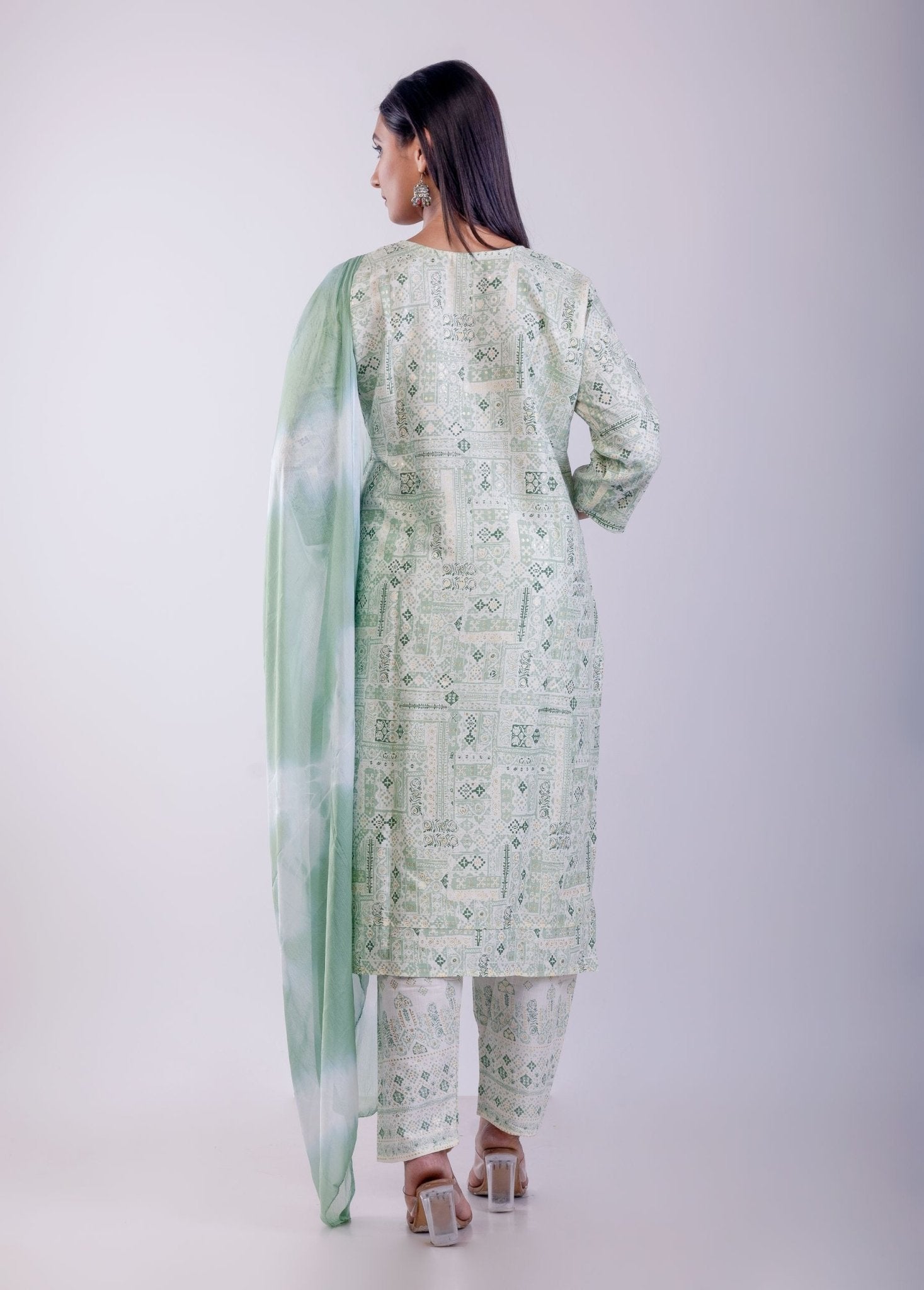Light Green Cotton Printed Straight Kurta with Embroidered Work - Anvi Couture