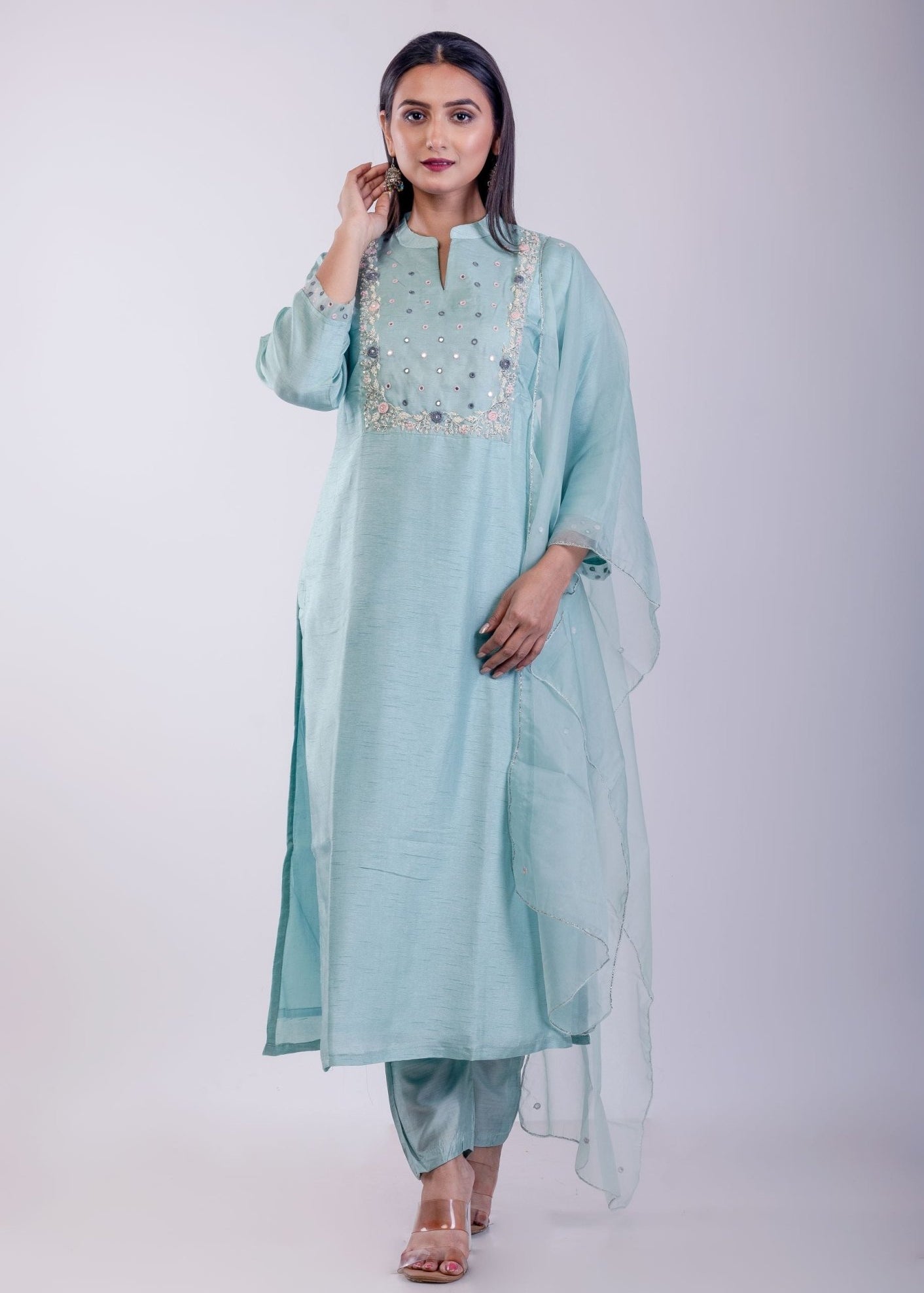 Sky Blue Digital Printed Hand Embroidered Suit Set - Anvi Couture