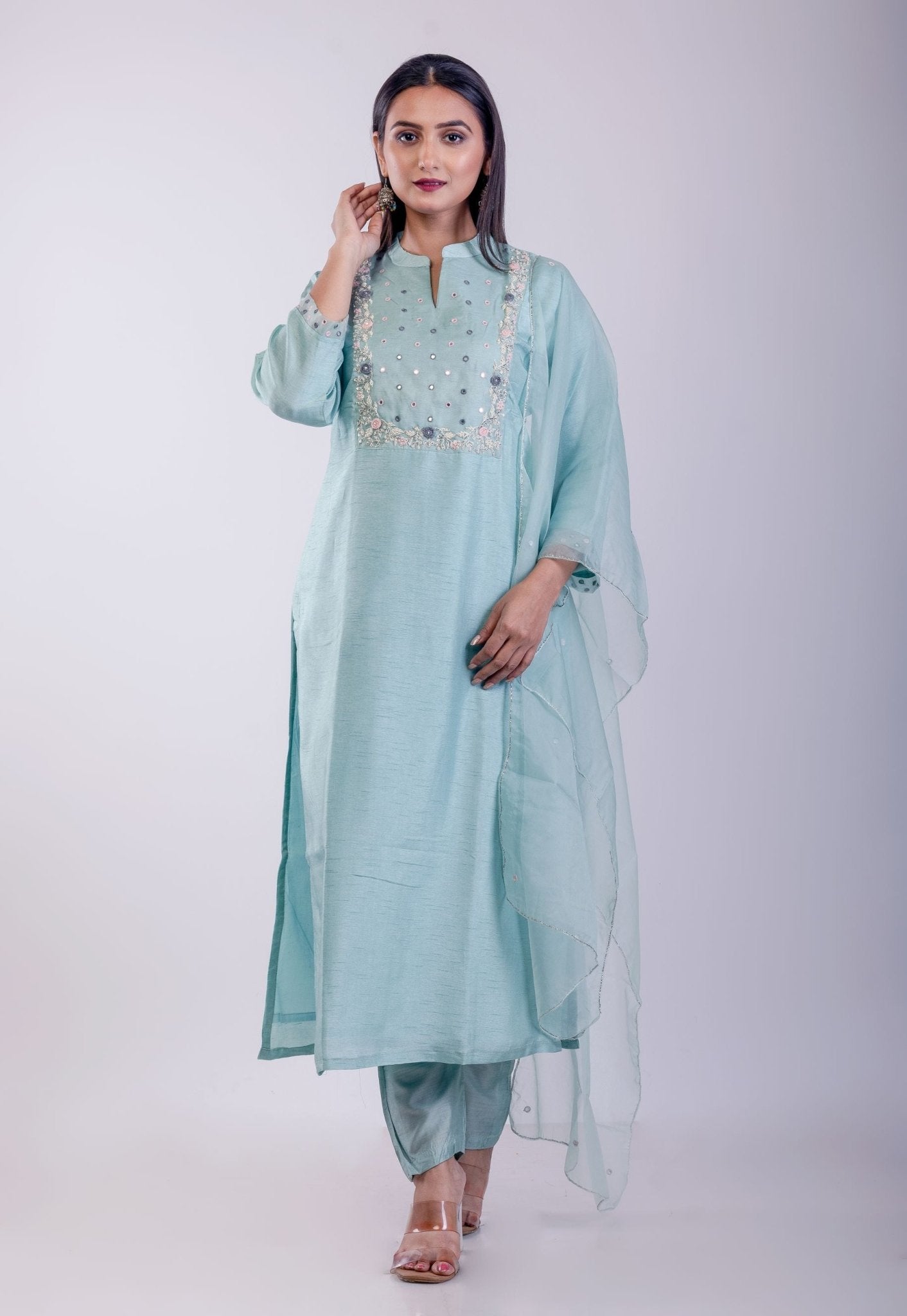 Sky Blue Digital Printed Hand Embroidered Suit Set - Anvi Couture
