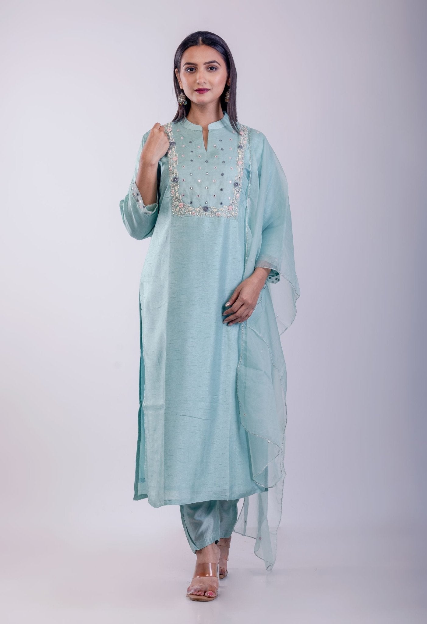 Sky Blue Digital Printed Hand Embroidered Suit Set - Anvi Couture