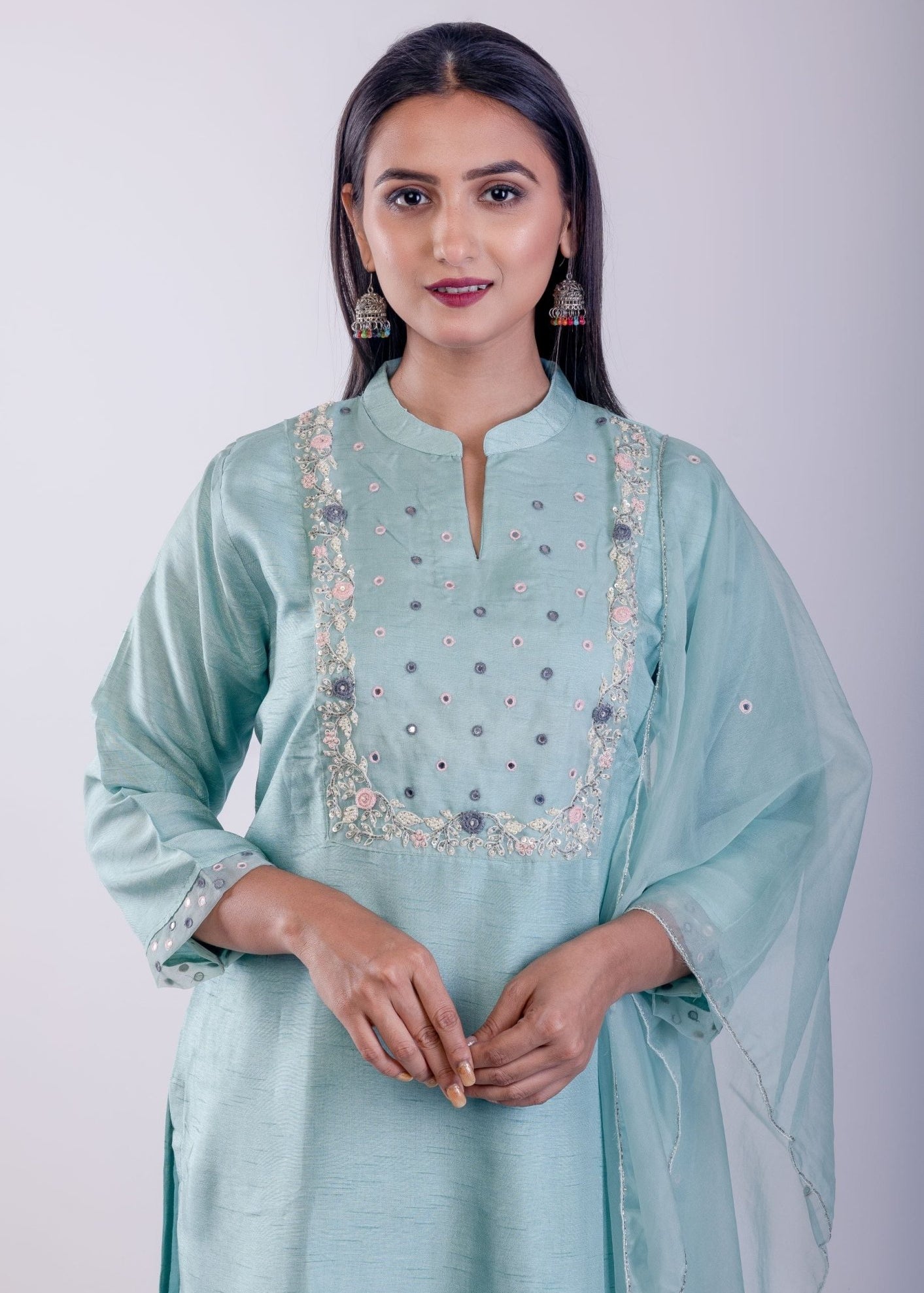 Sky Blue Digital Printed Hand Embroidered Suit Set - Anvi Couture