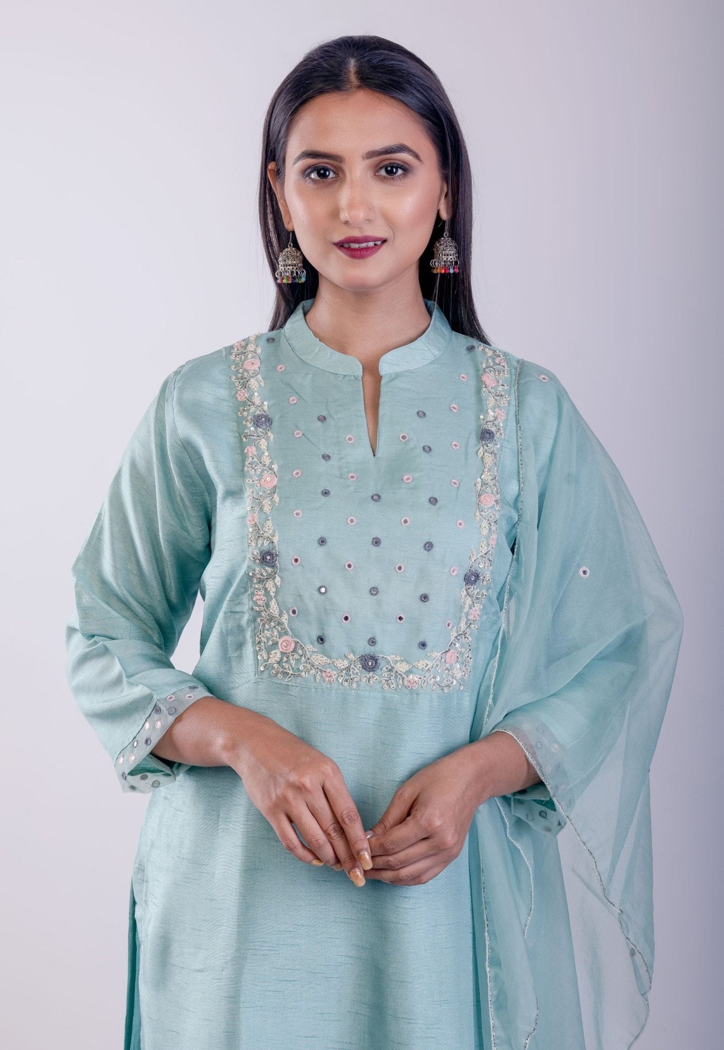 Sky Blue Digital Printed Hand Embroidered Suit Set - Anvi Couture