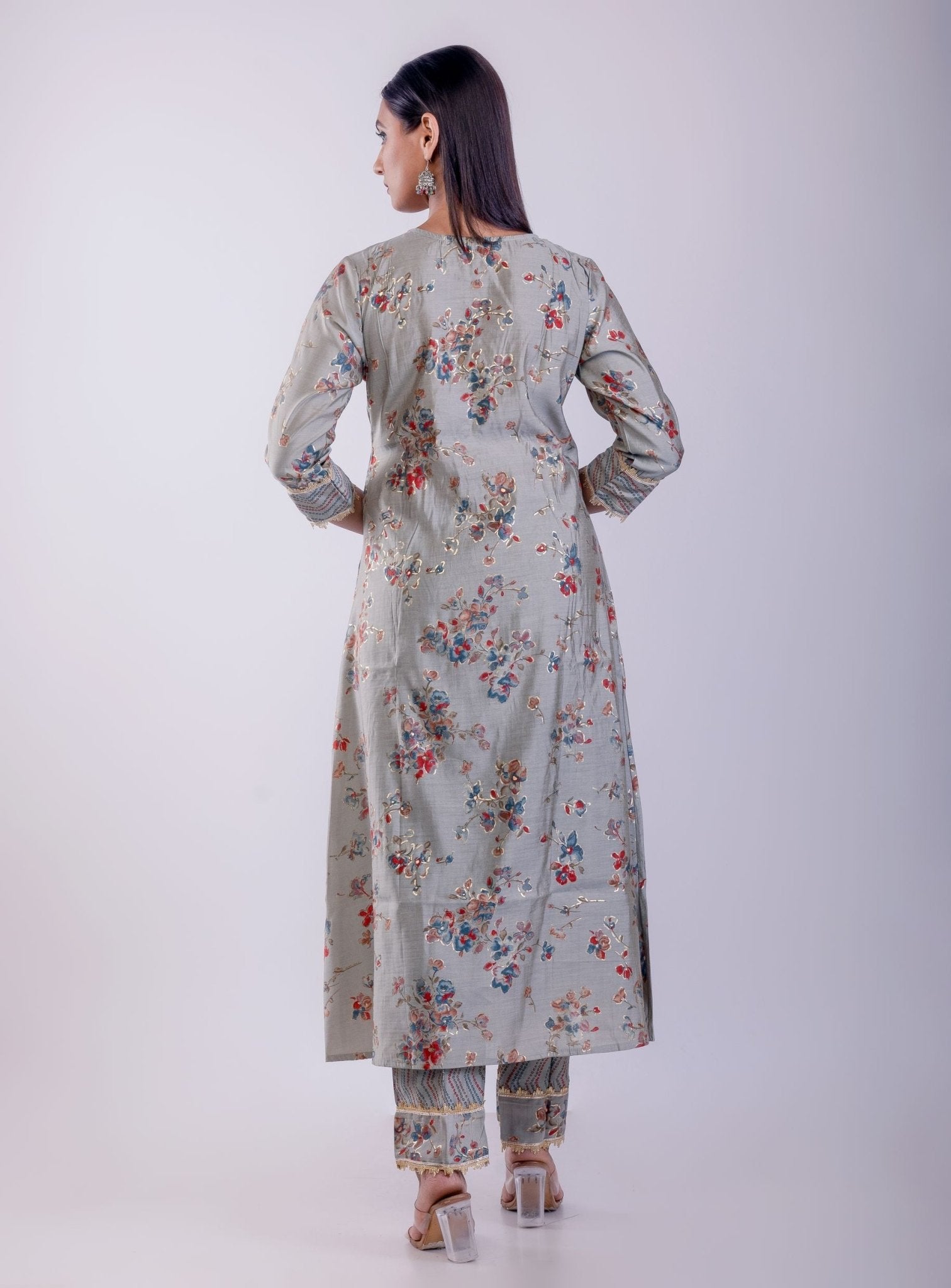 Gray Floral Printed Flared Suit Set with Gota Work - Anvi Couture