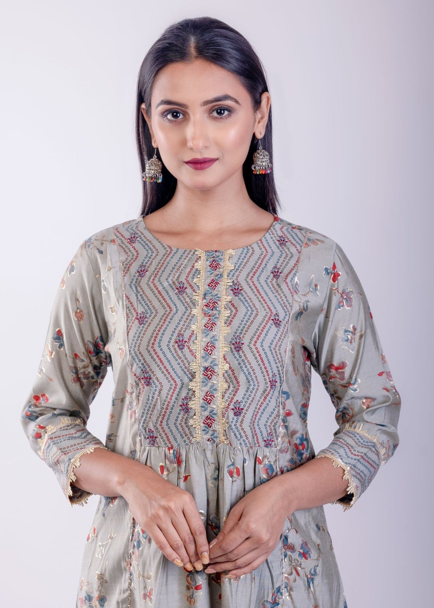 Gray Floral Printed Flared Suit Set with Gota Work - Anvi Couture