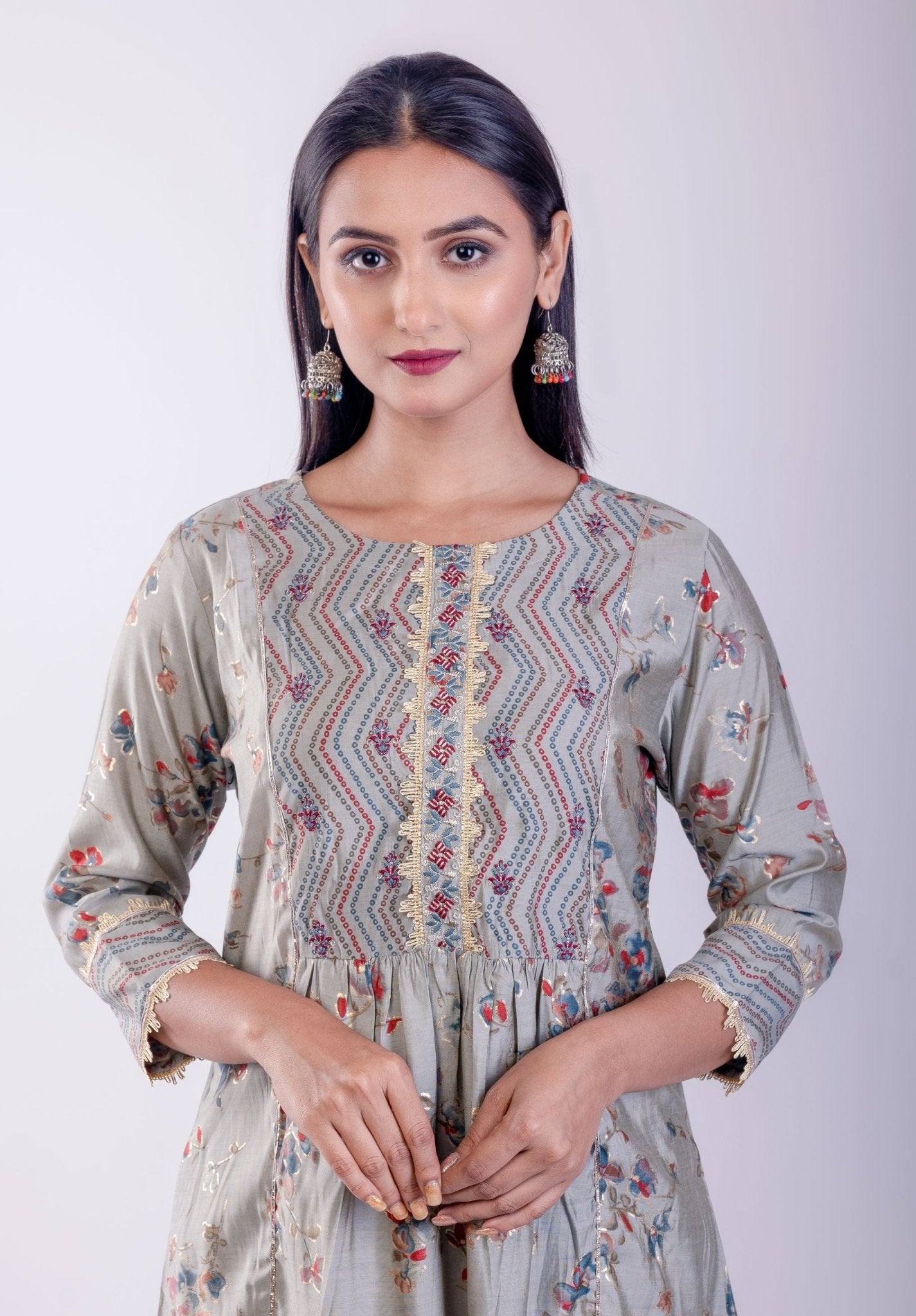 Gray Floral Printed Flared Suit Set with Gota Work - Anvi Couture