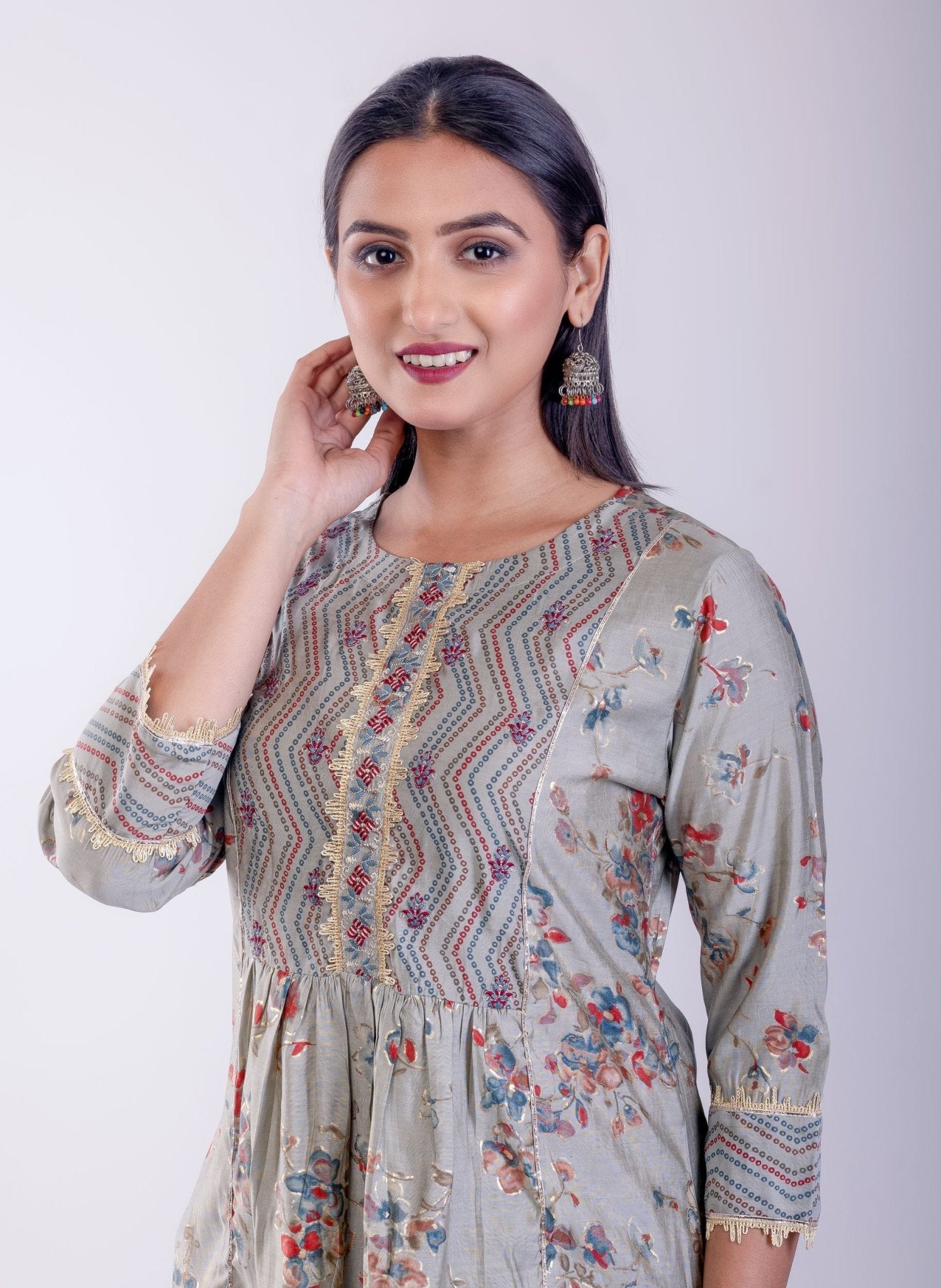 Gray Floral Printed Flared Suit Set with Gota Work - Anvi Couture