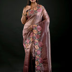 Salmon Tissue Silk Saree with Floral Embroidery Detailing - Anvi Couture