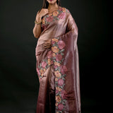Salmon Tissue Silk Saree with Floral Embroidery Detailing - Anvi Couture