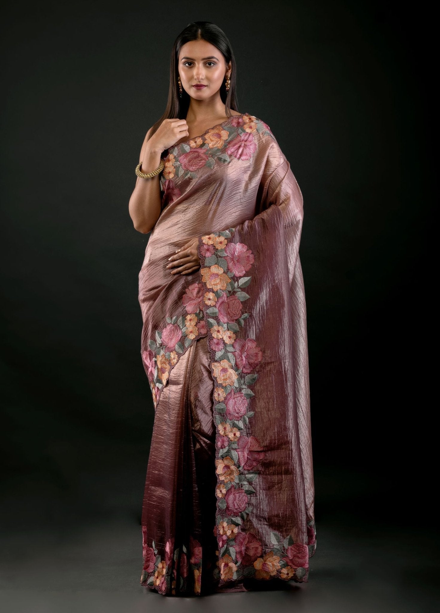 Salmon Tissue Silk Saree with Floral Embroidery Detailing - Anvi Couture