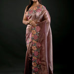 Salmon Tissue Silk Saree with Floral Embroidery Detailing - Anvi Couture
