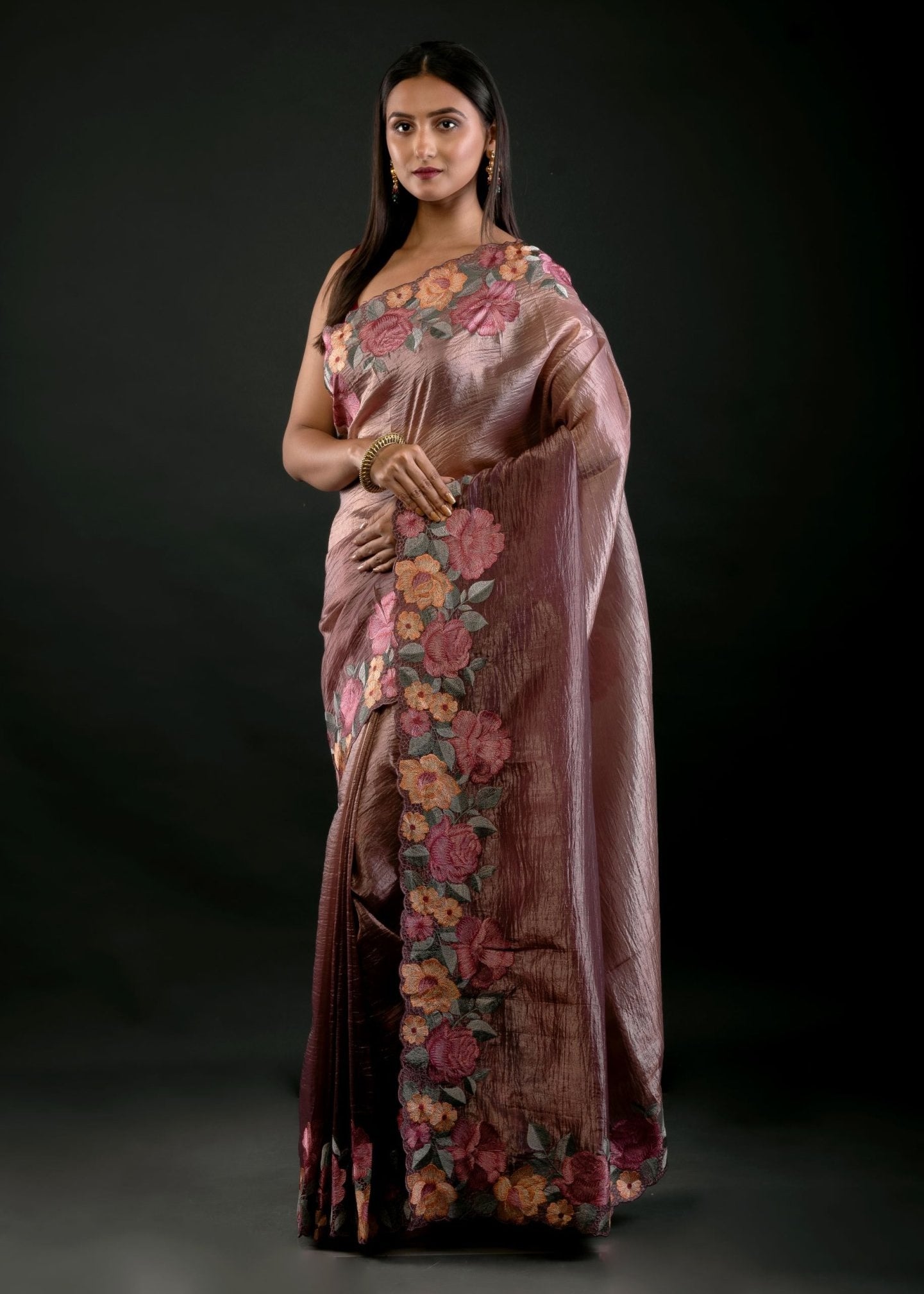 Salmon Tissue Silk Saree with Floral Embroidery Detailing - Anvi Couture