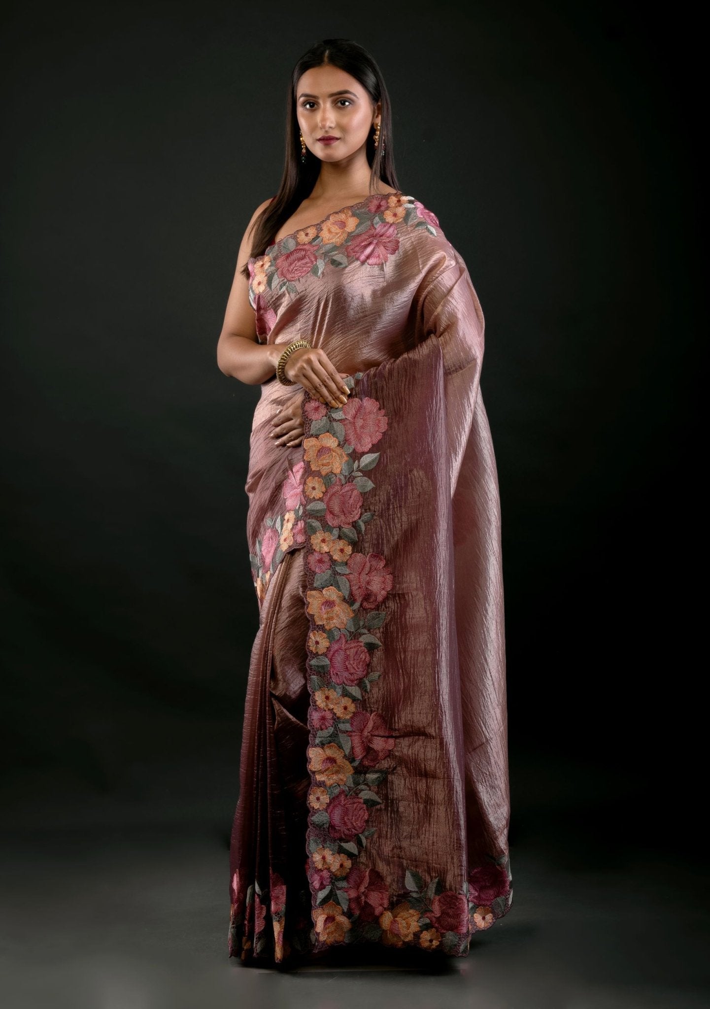 Salmon Tissue Silk Saree with Floral Embroidery Detailing - Anvi Couture