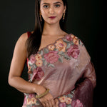 Salmon Tissue Silk Saree with Floral Embroidery Detailing - Anvi Couture