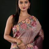 Salmon Tissue Silk Saree with Floral Embroidery Detailing - Anvi Couture