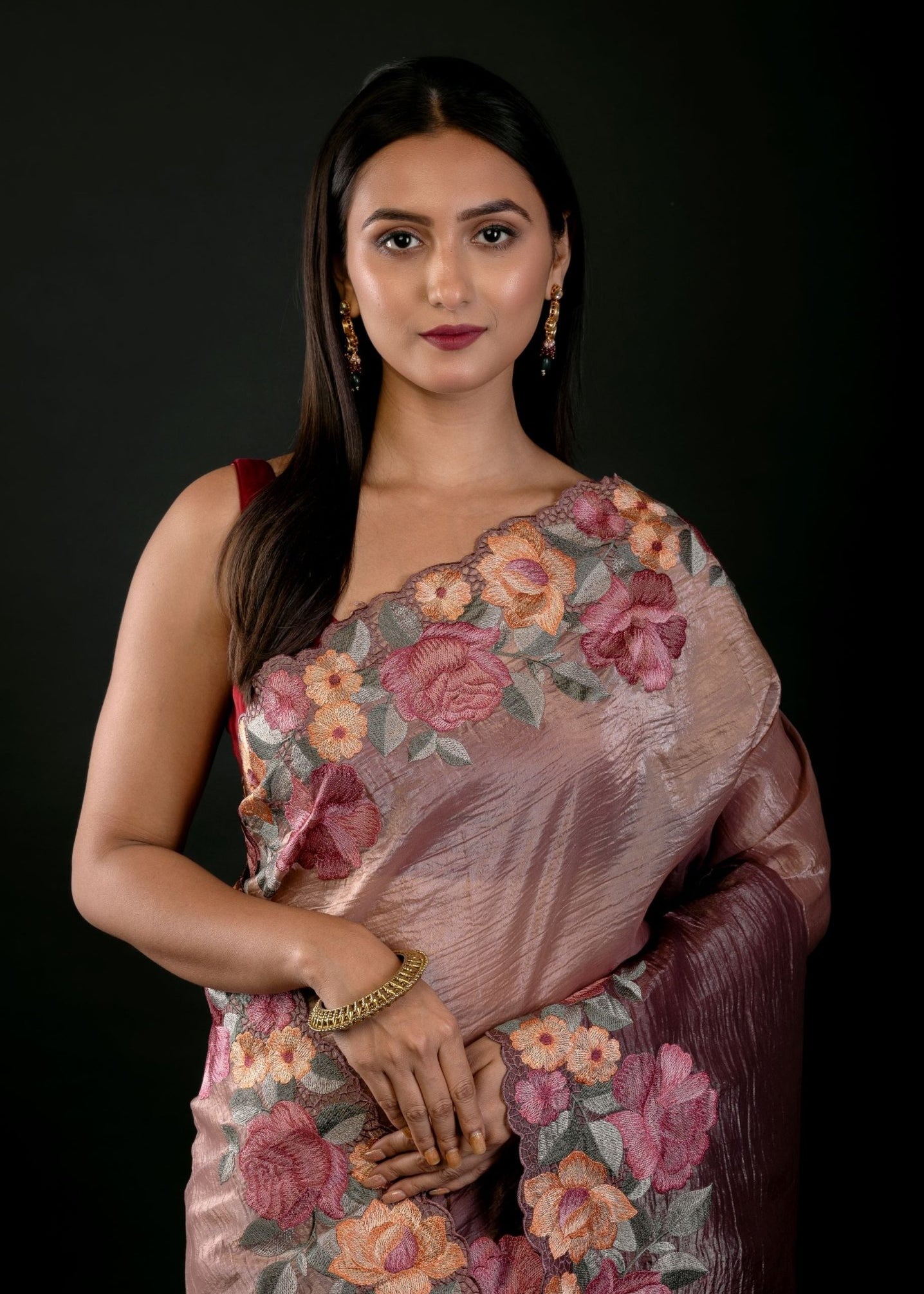 Salmon Tissue Silk Saree with Floral Embroidery Detailing - Anvi Couture