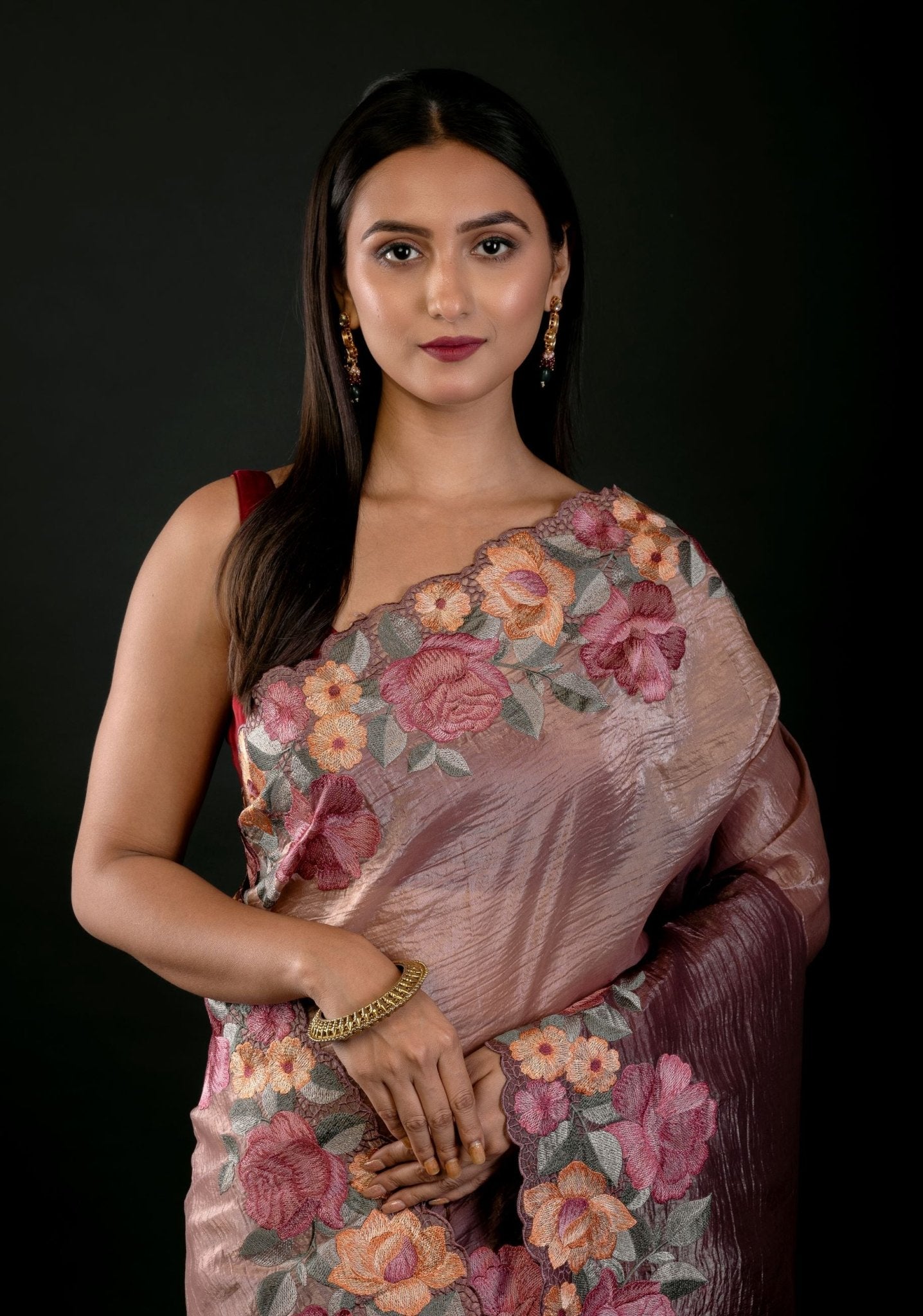 Salmon Tissue Silk Saree with Floral Embroidery Detailing - Anvi Couture