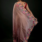 Salmon Tissue Silk Saree with Floral Embroidery Detailing - Anvi Couture