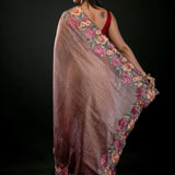 Salmon Tissue Silk Saree with Floral Embroidery Detailing - Anvi Couture