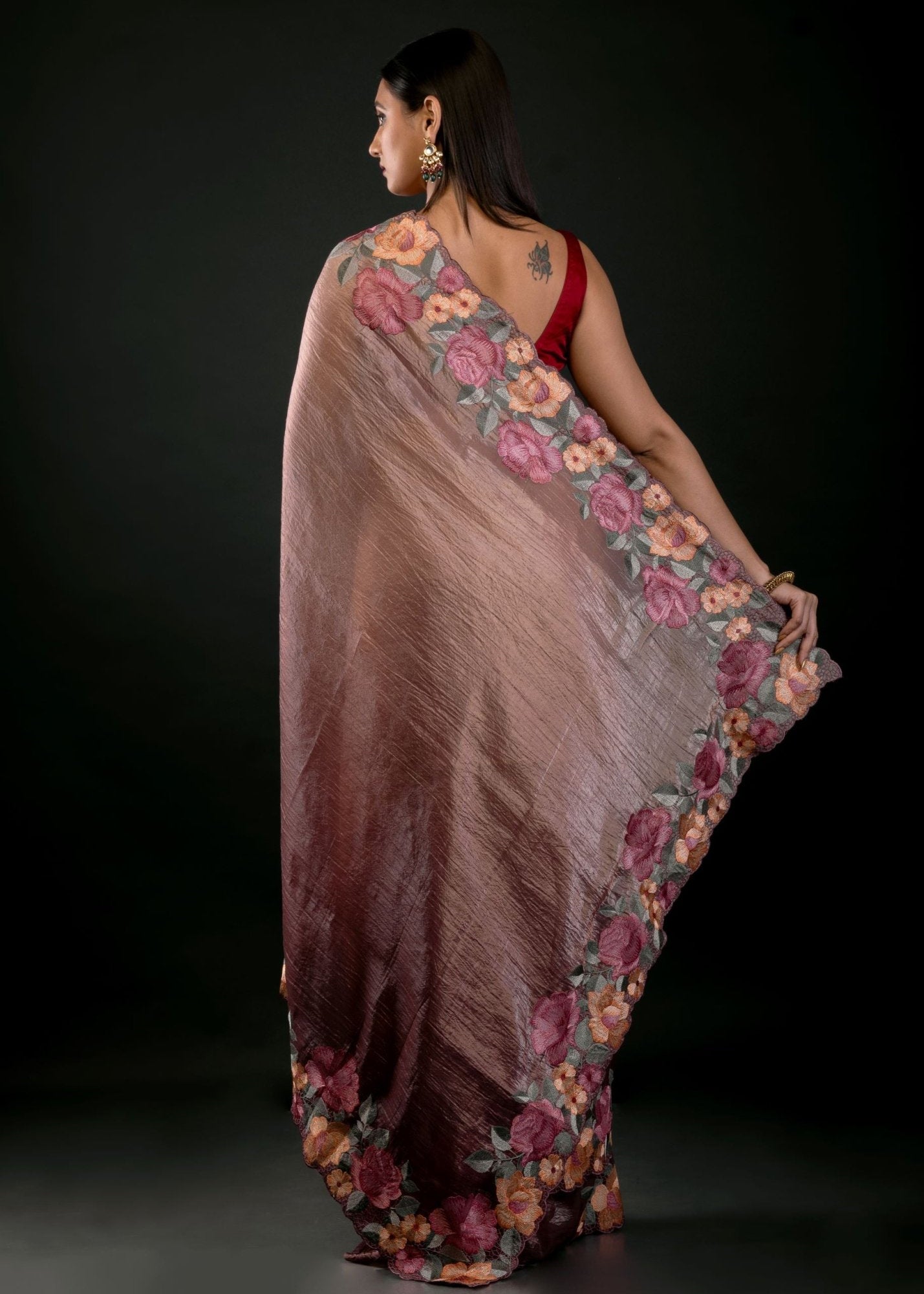 Salmon Tissue Silk Saree with Floral Embroidery Detailing - Anvi Couture