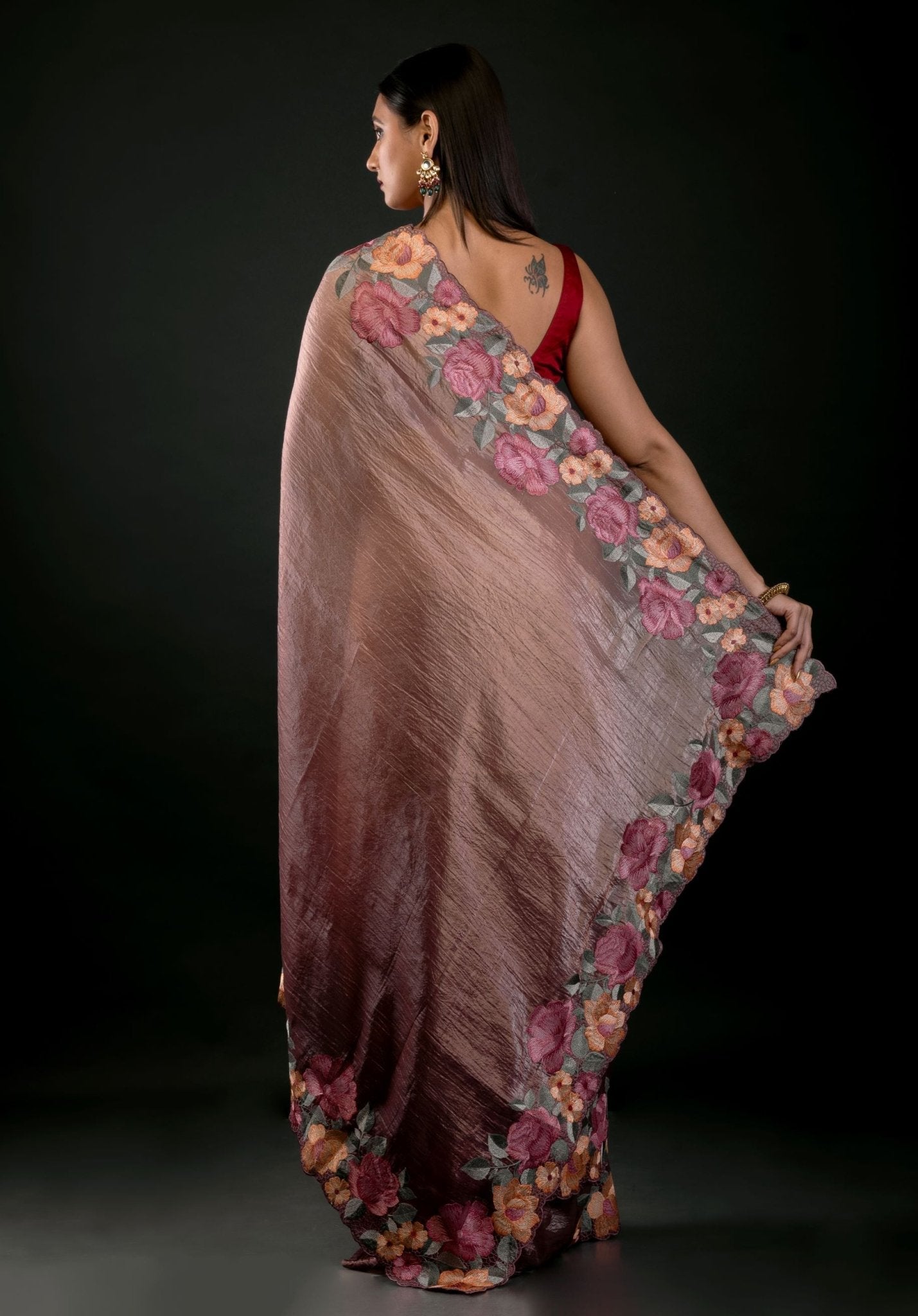 Salmon Tissue Silk Saree with Floral Embroidery Detailing - Anvi Couture