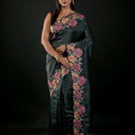 Green Tissue Silk Saree with Floral Embroidery Detailing - Anvi Couture