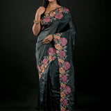 Green Tissue Silk Saree with Floral Embroidery Detailing - Anvi Couture