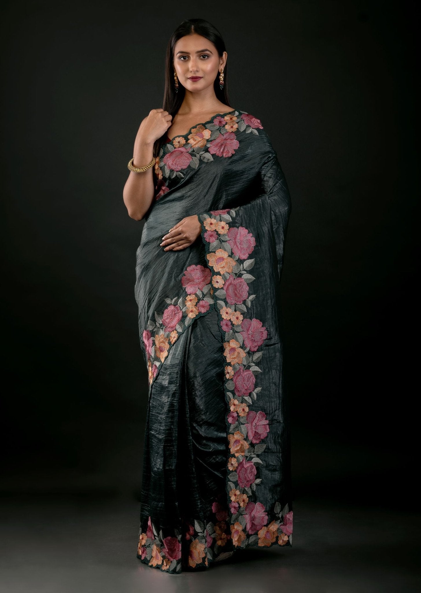 Green Tissue Silk Saree with Floral Embroidery Detailing - Anvi Couture