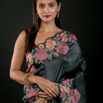 Green Tissue Silk Saree with Floral Embroidery Detailing - Anvi Couture