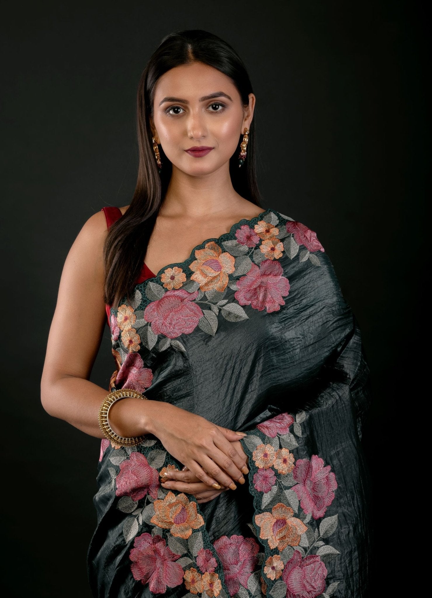 Green Tissue Silk Saree with Floral Embroidery Detailing - Anvi Couture