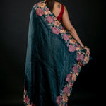 Green Tissue Silk Saree with Floral Embroidery Detailing - Anvi Couture