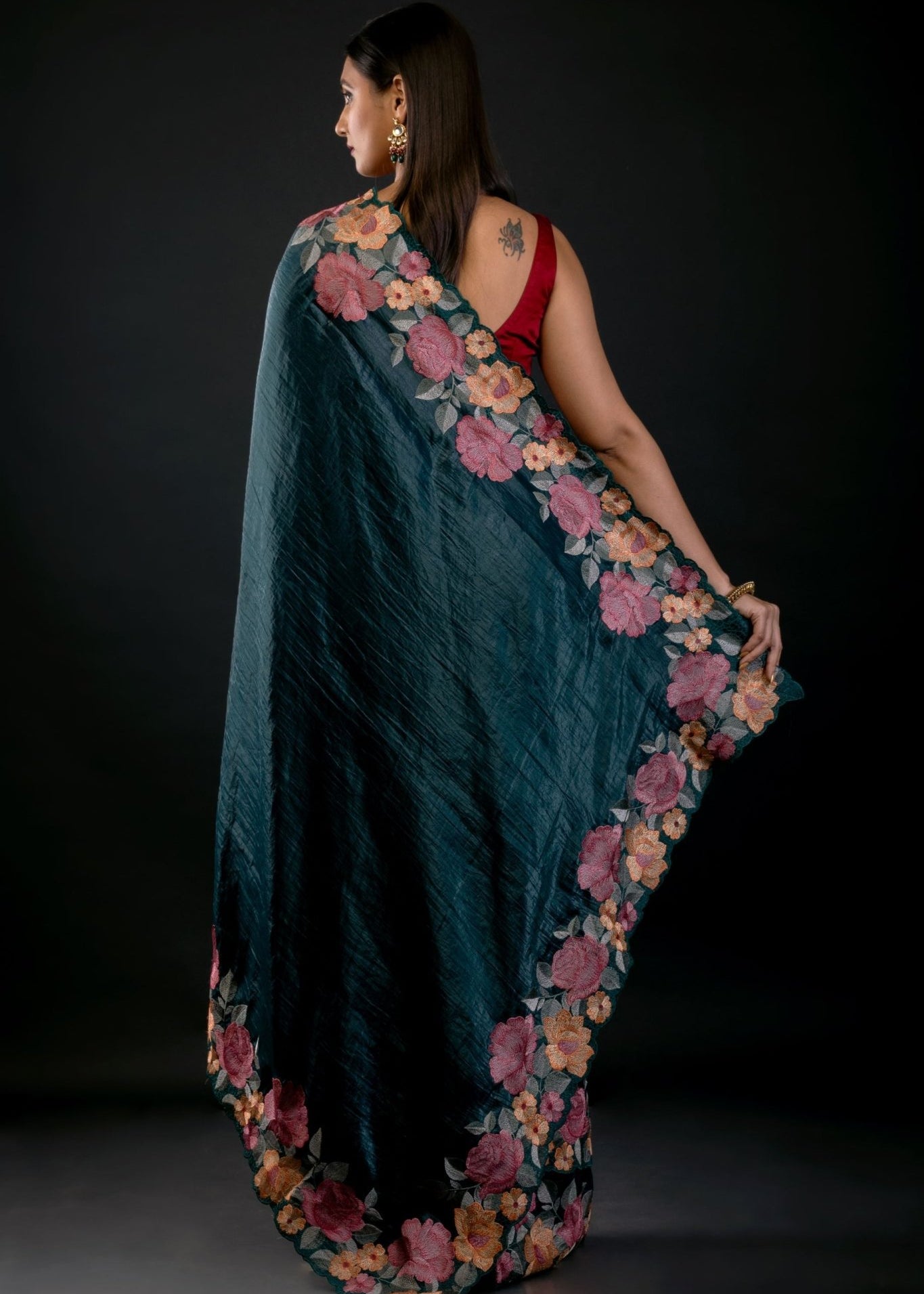 Green Tissue Silk Saree with Floral Embroidery Detailing - Anvi Couture