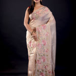Beige Tissue Silk Saree With Floral Thread Embroidered Work - Anvi Couture