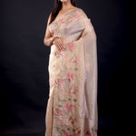 Beige Tissue Silk Saree With Floral Thread Embroidered Work - Anvi Couture