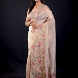 Beige Tissue Silk Saree With Floral Thread Embroidered Work - Anvi Couture