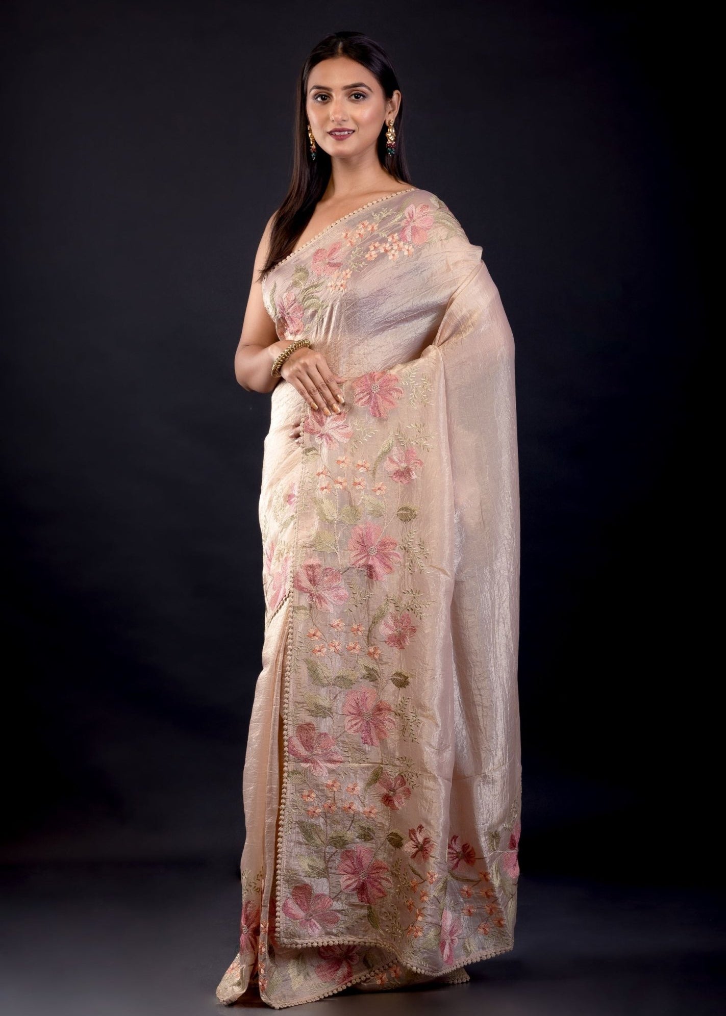 Beige Tissue Silk Saree With Floral Thread Embroidered Work - Anvi Couture