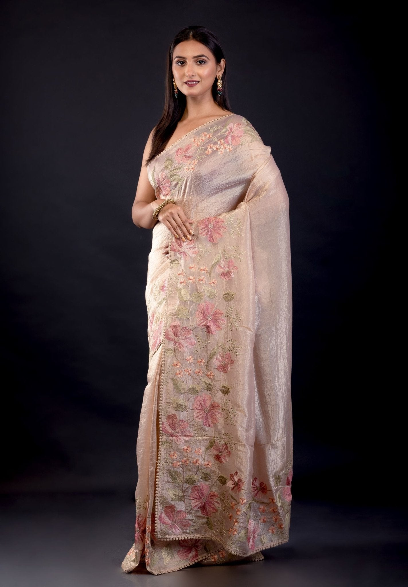 Beige Tissue Silk Saree With Floral Thread Embroidered Work - Anvi Couture