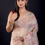 Beige Tissue Silk Saree With Floral Thread Embroidered Work - Anvi Couture