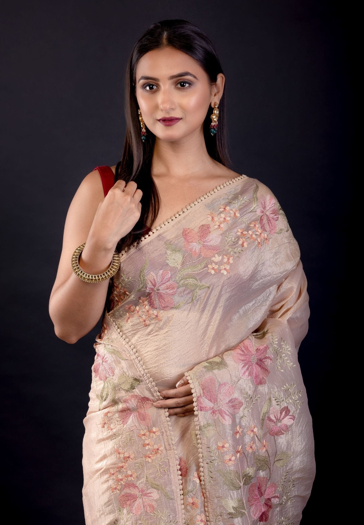 Beige Tissue Silk Saree With Floral Thread Embroidered Work - Anvi Couture